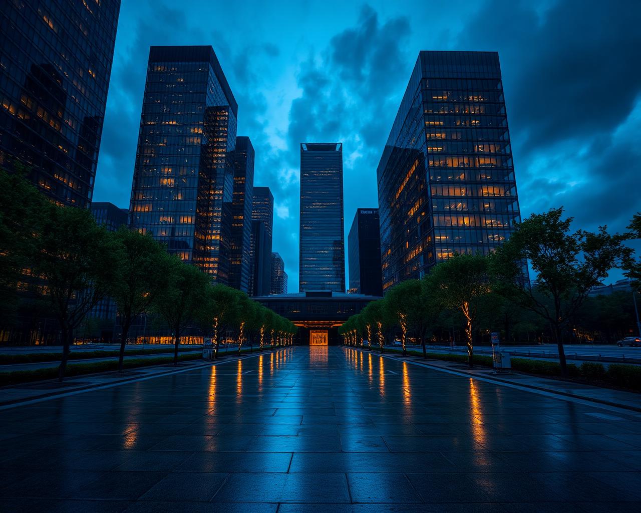 City skyline at dusk